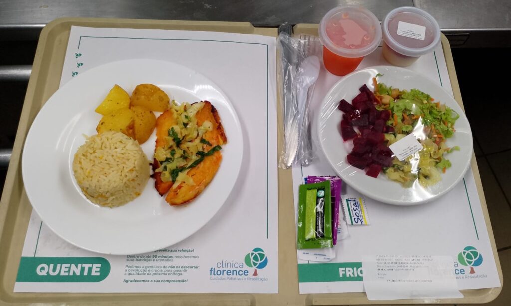 Bandeja com refeição hospitalar balanceada, incluindo arroz, peixe, batatas, salada, legumes e sobremesa, preparada para apoiar a recuperação nutricional do paciente.